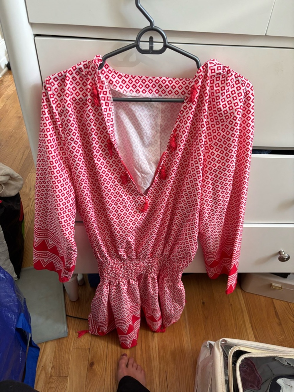 Red and White Printed V-Neck Romper